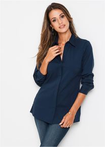 Langarmbluse bonprix "Long-Stretch-Bluse", Damen, Gr. 46, blau (dunkelblau), Obermaterial: 72% Baumwolle, 26% Polyamid, 2% Elasthan, festlich, loose fit, Blusen Langarmbluse, lockere Passform, mit Stehkragen, mit verdeckter Knopfleiste