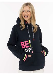 Hoodie Zwillingsherz "Be Happy", Damen, Gr. S/M, marine, Sweatware, Obermaterial: 50% Baumwolle, 50% Polyester, Sweatshirts Hoodie, gestreifte B&uuml;ndchen, Aufdruck auf Brust, Kapuze, K&auml;ngurutasche