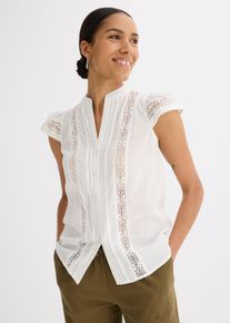 Blusentop bonprix, Damen, Gr. 50, wollwei&szlig;, Obermaterial: 100% Baumwolle, bequem, Blusen Blusentop, lockere Passform, aus Baumwolle, mit Kurzarm-Design