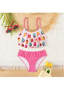 Donut Print Ruffle Girls 2 Piece Bikini Set Adjustable Cute Bathing Suit Kids Summer Beach Outdoor Pool Vacation Swimwear