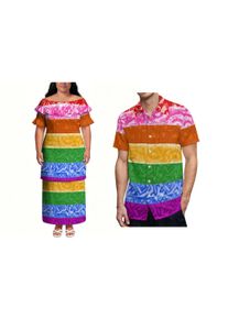 Factory Custom Polynesian Island Wear Puletasi Dress Set Women's Plus Size Orange Tribal Print Off Shoulder Two Piece Outfit
