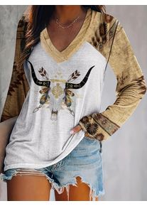 Vintage Print Long Sleeve V-Neck Button-Front Blouse Women's Classic Style Casual Blouse
