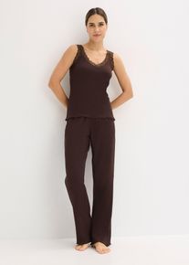 bonprix Femei Pijama din material ripsat cu top din dantelă, maro, 44/46