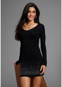Strickkleid Melrose, Damen, Gr. 38, N-Gr, schwarz, Feinstrick, Obermaterial: 70% Viskose, 30% Polyamid, unifarben, sehr figurbetont mini, tiefer V-Ausschnitt, Kleider Strickkleid, f&uuml;r elegante Anl&auml;sse, Mini-L&auml;nge, mit Glitzerdetails