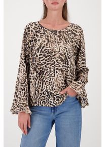 Langarmbluse monari "Bluse Leodruck allover", Damen, Gr. 42, dk chocola gem, Web, Obermaterial: 100% Viskose, gemustert, regular fit taillenbedeckt, Rundhals, Trompeten&auml;rmel gerader Abschluss, Blusen Langarmbluse, Regular fit mit Leo-Print