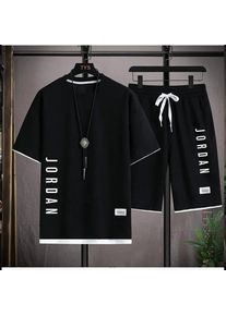 Summer men breathable quick dry jogging basketball sports suit fashion short-sleeved casual crewneck T-shirt + shorts two-piece