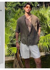 Men's Linen Set Summer American Style Sun Protection Long Sleeve Shirt Lazy Style Shirt Shorts Holiday One Whole Set