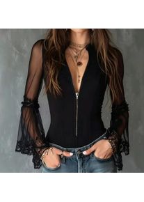 Ladies Black round Neck Long Sleeve See-through Vintage Zipper Lace Shirt Translucent Gauze Top for Women