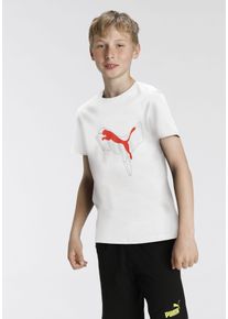 T-Shirt Puma "ESS+ LOGO LAB GRAPHIC TEE B", Jungen, Gr. 128, wei&szlig; (Puma wei&szlig;), Jersey, Obermaterial: 100% Baumwolle, bedruckt, regular fit normal, Rundhals, Shirts T-Shirt, Kurzarmdesign, leichte und atmungsaktive Passform
