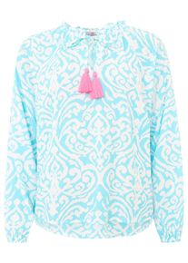 Schlupfbluse Zwillingsherz "Ornamente", Damen, Gr. L/XL (L/XL), blau (t&uuml;rkis), Obermaterial: 100% Viskose, gemustert, loose fit h&uuml;ftlang, Serafino, mit Gummizug, Blusen Schlupfbluse, Lamgarm, Ornament-Muster, Tasseln, V-Ausschnitt