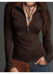 Women's Slim Fit Lapel Shirt, Multi-Color Zipper Closure, Cargo Pockets, Waist Cinching, Fashion Sexy Top for Dating and Commute