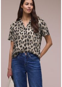 Kurzarmbluse Street One, Damen, Gr. 44, beige (timeless beige), Web, Obermaterial: 100% Viskose, l&auml;ssig geschnitten h&uuml;ftbedeckend, Rundhals, abgesteppte Kante, Blusen Kurzarmbluse, Sommerbluse mit Animal Print