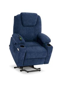 Elderly Power Recliner with Heat, Massage, USB & Type-C Ports, Extended Footrest, Cup Holders, Fabric 7040 in Medium Admiral Blu