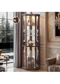 Corner Curio Cabinet, 70" H Lighted Glass Display Cage with Tempered Glass Doors and 5 Adjustable Shelves, Light, Customized