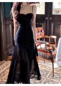 Elegant Black Gown Sexy Zipper High Waist Sequin Detail Long Dress for Birthday Wedding Anniversary Party Performance Women