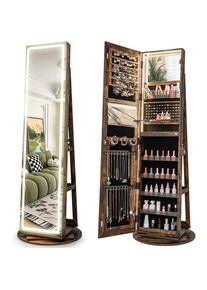 Rotating Armoire with LED-lit Mirrors, Lockable Storage Cabinet, Large Organizer in Rustic Brown