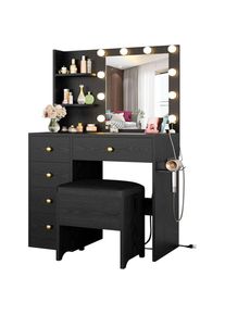 Compact Makeup Vanity Desk with Mirror, Lights, Drawers, Power Outlet, and Stool, Ideal for Small Spaces, Black
