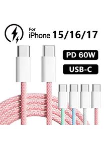 PD 60W USB-C to Type-C Fast Charging Cable For iPhone 17 16 15 Pro Max 16 15 Plus Samsung Huawei Honor Xiaomi Redmi POCO OnePlus