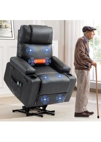 Elderly-Friendly 160&deg; Adjustable Electric Recliner with Massage, Heat, Cup Holders, Side Pockets, and Stand Assist in Black Leat