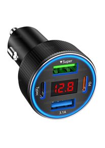 USB C Car Charger 4 Port Car Charger Adapter with LED Voltmer, Aluminium Alloy Car Cigarette Lighter USB Charger