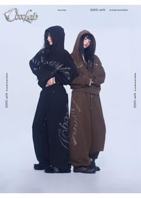 CBXLAB Street Dance Trendy Brand Glitter Heart Rhinestone Set Autumn Winter Fleece Lined Hooded Jacket Hip Hop Pants