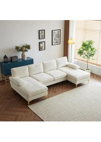 4 Seat Convertible Sectional Sofa U-Shape Couch with Chaise Lounge Chenille Fabric Upholstered Living Room Apartment Sofa Bed