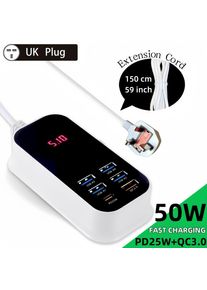Real 50W UK Plug USB Type C PD QC3.0 Charger Phone Fast Charging LED Extension Cord Power Adapter Desktop Wal for iPhone Samsung