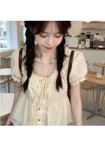 Women Ruffled Sweet Bandage Blouse Harajuku Single Breasted Tops Y2K Aesthetic Suare Collar Grunge Blusas Streetwear De Mujer