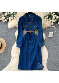Elegant Women's Denim Dress Soft Autumn High-quality Split Design Fashion Long Sleeve Jeans Dresses with Belt Causal Streetwear