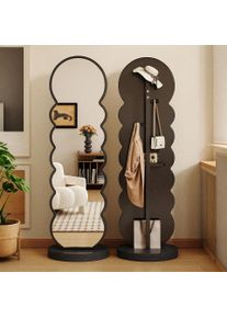 Wave Design Solid Wood Full Length Mirror 360&deg; Rotating Floor Mirror Furniture with Storage Living Room, Entryway Home Decor