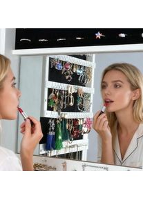 White 65-Inch Lockable Standing Jewelry Organizer With 360-Degree Rotating Full-Length Mirror, Internal Mirror, And Backside
