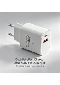20W Dual-Port GaN Super Fast Charger, compatible with Android & Apple smartphones and tablets