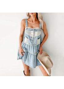 New Summer Denim Adjustable Shoulder Strap Lace Patchwork Dress. Street Chic Ladies Fashion Sleeveless Mini Dresses A-line Dress