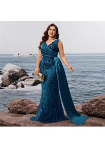 Plus Size Peacock Blue V Neck Sleeveless Wrap Ruched Floral Sequin Tulle Mermaid Maxi Dress With Side Satin Train Gown