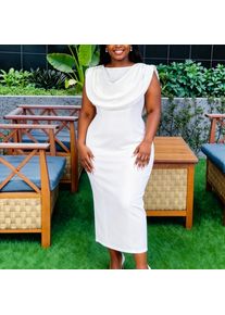 Plus Size Women's White Turtleneck Bodycon Sleeveless Ruffle Neck Waist Slim Fit Midi Dress Evening Dresses