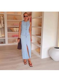 CPSYMYM Elegant Denim Vest Skirts Set Women Light Blue Single Breasted Vest Front Split Skirt Female Suit Summer Slim Lady Sets