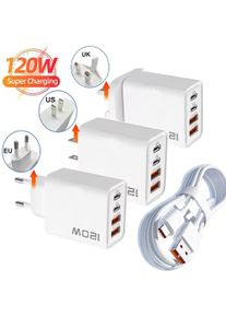120W 4 Port USB C Charger PD3.0 Fast Charging Station Data Cable Wall Adapter For iPhone Samsung Xiaomi Redmi Huawei EU US Plug