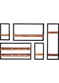 Wandregal Sit "Panama", braun (braun, schwarz), T:25cm, Massivholz, Metall, Regale, Wandregal, Regalset 5er-Set im Industrial Stil, Mangoholz und Metall