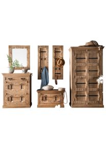 Garderoben-Set Sit, beige (natur), 1 gro&szlig;er Schuhschrank, 1 kleiner Schuhschrank, 2 Garderobenpaneele, 1 Spiegel, 1 Schrank, Massivholz, Kastenm&ouml;bel-Sets, Garderoben-Set, Front mit aufw&auml;ndigen Schnitzereien, Ringgriffe & Beschl&auml;ge aus Metall