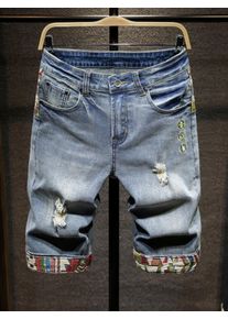 Faionable Men's Ripped Denim orts Trendy Embroidered High-End Five-Point Pants Slim-Fit f-Leg Pants Casual Cotton Stre...
