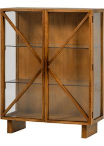 Vitrine Woood "Kella Mangoholz mit Glast&uuml;ren und Glasablagen B 100 x D 44 x H 132 cm", braun (natur), B:100cm H:132cm T:44cm, Massivholz, Schr&auml;nke, Vitrine, Tragkraft 5&ndash;7 kg pro Ablage, Wandbefestigung empfohlen
