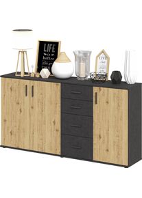 Kommode FMD "Albi", schwarz (matera, artisan eiche), B:160cm H:83cm T:35cm, Holzwerkstoff, Sideboards, Kommode