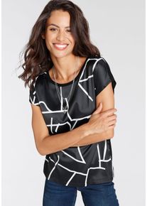 Shirtbluse Laura Scott "im Materialmix mit Satin, verschiedene Muster f&uuml;r jeden Geschmack", Damen, Gr. 46, schwarz-wei&szlig; (schwarz, wei&szlig;), Single Jersey, Obermaterial: 100% Polyester. R&uuml;ckenteil: 95% Viskose, 5% Elasthan, gemustert, bequem h&uuml;ftbedeckend, Rundhals, angeschnitten, Blusen Shirtbluse, femininer Stil, Rundhalsausschnitt, lockere Passform