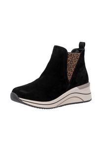 Keilstiefelette Remonte, Damen, Gr. 43, schwarz (schwarz kombiniert), Leder, Schuhe Keilstiefelette, Boots, Chelseaboots, Plateaustiefelette mit Leo-Stretcheinsatz