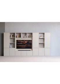 Wohnwand Woood "Meggy FSC-Kiefernholz mit Druckmechanismus B 160 x D 40 x H 215 cm", staub, B:160cm H:215cm T:40cm, FSC-zertifizierter Massivholz, Kastenm&ouml;bel-Sets, Wohnwand, Tragkraft 10 kg pro Boden, einfach zu montieren, sichtbare Maserung