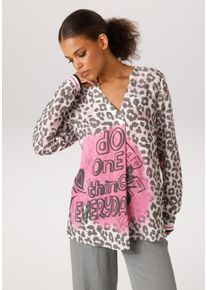Schlupfbluse Aniston CASUAL, Damen, Gr. 44, bunt (wollwei&szlig;, oliv, pink, altosa), Web, Obermaterial: 100% Viskose, bedruckt, l&auml;ssig geschnitten h&uuml;ftbedeckend, V-Ausschnitt, 1-Knopf-Manschette, Blusen Schlupfbluse, mit Statement-Schriftz&uuml;gen und coolen Leoprint