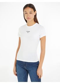 Rundhalsshirt Tommy Jeans "TJW SLIM ESSENTIAL LOGO 1 SS EXT", Damen, Gr. XS (34), wei&szlig;, Single Jersey, Obermaterial: 60% Baumwolle, 40% Polyester, bedruckt, unifarben, figurbetont, Rundhals, eingesetzt abgesteppt, Shirts Rundhalsshirt, mit Tommy Jeans Logoschriftzug, Rundhals