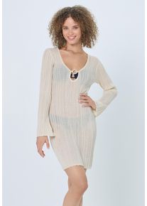 Strandkleid LSCN BY LASCANA, Damen, Gr. 34, N-Gr, beige (creme), Strick, Obermaterial: 82% Viskose, 18% Polyester, leicht transparent, unifarben, figurbetont kniefrei, Rundhals, Kleider Strandkleid, Strickkleid mit langen &Auml;rmeln, Cover-up, Beachkleid