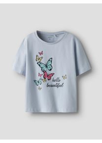 T-Shirt name it "NMFFREJANE SS NREG TOP", M&auml;dchen, Gr. 110, blau (xenon blau), Web, Obermaterial: 95% Baumwolle, 5% Elasthan, bedruckt, regular fit, Rundhals, Shirts T-Shirt