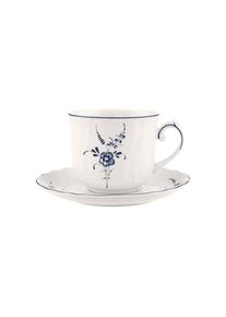 Villeroy & Boch Tasse VILLEROY & BOCH "Fr&uuml;hst&uuml;ckstasse mit Untertasse Vieux Luxembourg 240 ml wei&szlig;-blau", bunt (wei&szlig;, blau), B:15,8cm H:9,7cm &Oslash;:15,8cm, Porzellan, Trinkgef&auml;&szlig;e, Tasse, Sp&uuml;lmaschinengeeignet, Mikrowellengeeignet